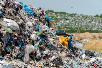 A massive mound of garbage stretches across the landscape, highlighting the dire consequences of waste mismanagement on the ecosystem