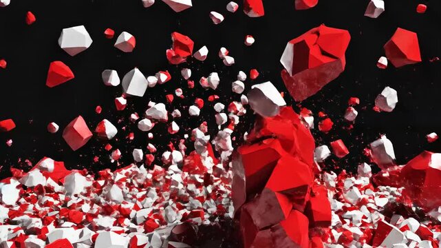 Abstract motion graphic animation of jagged crimson and stark white polygonal shapes colliding aggressively in a chaotic, looping sequence texture, visualizer, design