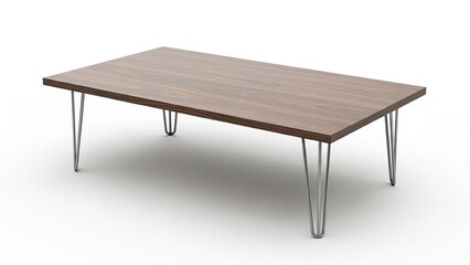 Modern coffee table with wooden top and metal hairpin legs isolated on white background, contemporary furniture design