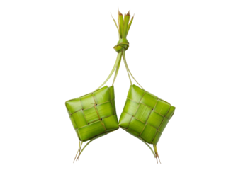 green ketupat pair woven rice pouches from palm leaves
