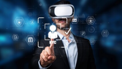 A professional using a virtual reality headset engages with a digital identity verification interface, showcasing modern technology in finance and security. Raster