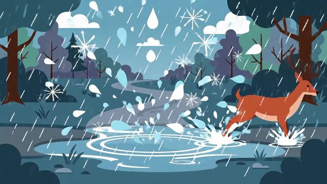 Deer Leaping Through Puddles In A Rainy Forest With Stylized Animation And Ripples