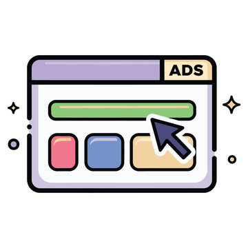 A colorful cartoon illustration of an online advertisement with a mouse cursor clicking on it