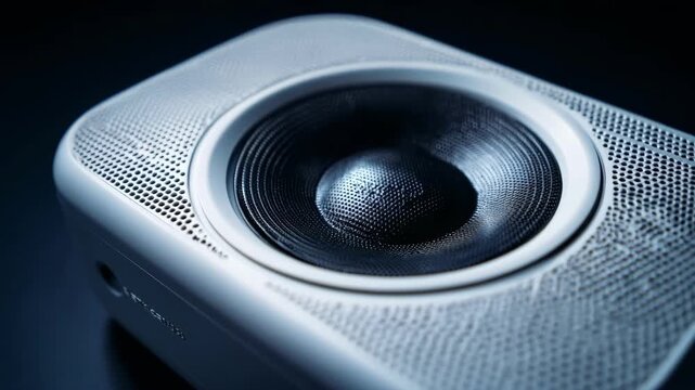 Closeup medium shot of a wireless Bluetooth speaker showcasing enhanced bass features with emphasis on powerful lowfrequency sound output.