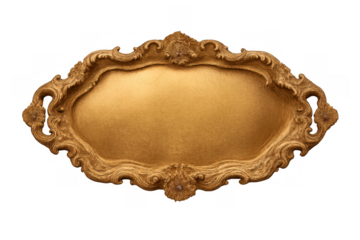 Ornate gold plaque with royal baroque frame forming an antique decorative label element, transparent background