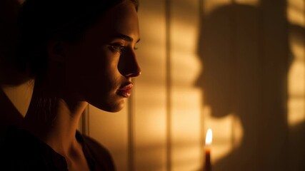 Woman profile candle flame silhouette shadow on wall with warm light creating contemplative and moody atmosphere in cozy setting