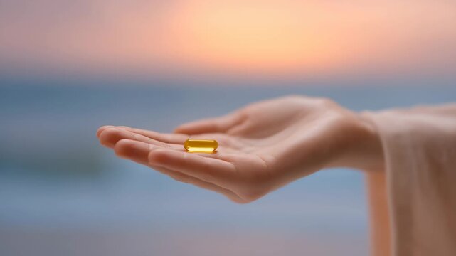 Golden capsule supplement vitamin resting on open palm with soft sunset background symbolizing health wellness calm peaceful mood