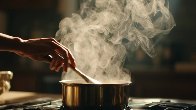 Steaming pot on stove with hand stirring soup using wooden spoon creating warm kitchen cooking atmosphere filled with soft light and rising steam