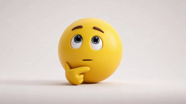 Cute 3D yellow emoji face thinking and pondering with hand on chin isolated on white background, thoughtful expression animation