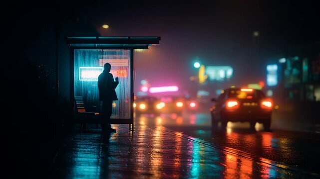 Lonely silhouette standing under bus stop at night with wet pavement reflecting colorful city lights and moody urban atmosphere and reflection