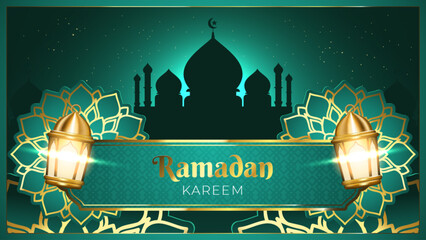 Luxurious Ramadan Kareem celebration greeting card banner. Traditional Islamic festive poster design. 3D Arabian decorations, mosque silhouette, and golden lanterns