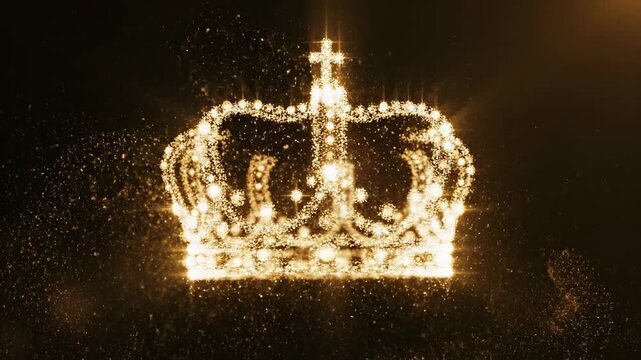 Abstract motion graphic animation of shimmering golden stardust particles converging to form a celestial, non-specific royal crown shape and then dissipating slowly award, loop, dust