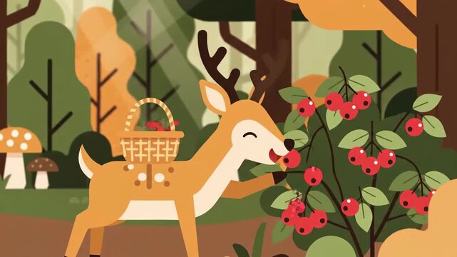 Delightful Animated Deer Foraging Berries in a Stylized Forest Scene Adventure Cartoon