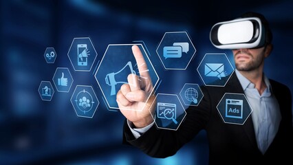 A businessman wearing a virtual reality headset engages with various digital marketing icons, representing modern technology, communication, and innovative strategies in business. Raster