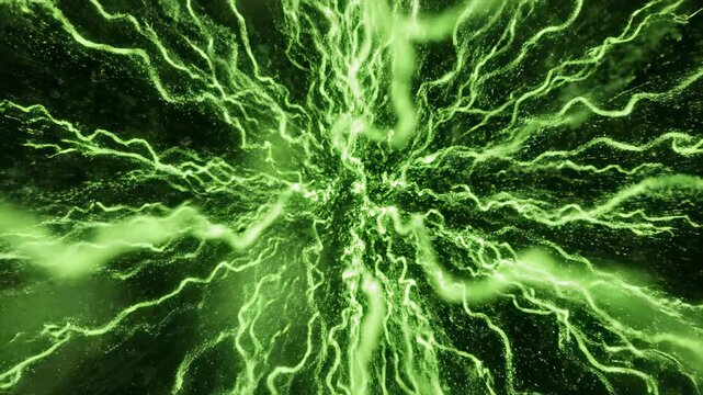 Abstract motion graphic animation of sickly green particle tendrils dissolving into a dense black void, simulating a digital infection spreading rapidly error, growth, unsettling