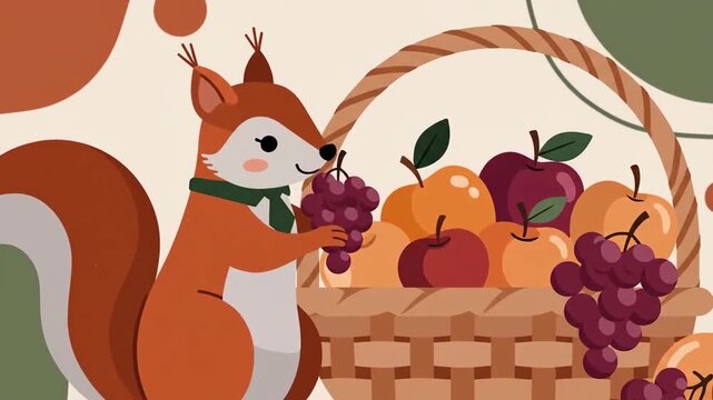 Delightful Autumn Harvest: Cartoon Squirrels Gathering Apples And Grapes In Cozy Fall Setting
