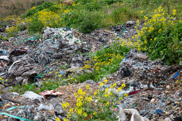 shredded and pressed recyclable plastic waste that has been burned and causes environmental pollution.