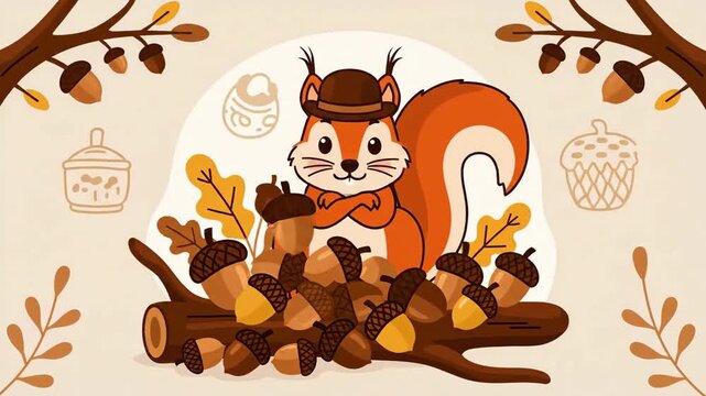 Delightful Autumnal Landscape With Cute Squirrels And Acorns For Backgrounds And Decorations