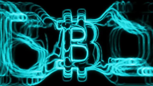 Abstract glowing Bitcoin cryptocurrency sign with neon blue energy flows. Digital Bitcoin. Finance.