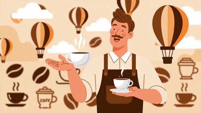 Delightful Coffee Shop Theme With Hot Air Balloons And A Barista Serving Coffee
