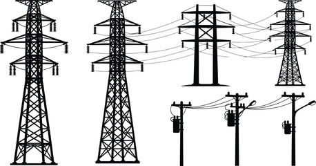 Silhouette illustration set of 6 Electrical Towers high voltage pylon transmission tower and utility pole