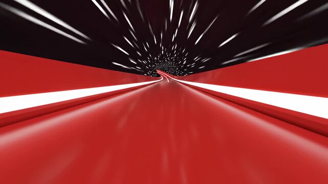 Abstract motion graphic animation of stylized red track lanes and crisp white divider lines rushing past the camera symbolizing high velocity and rapid progress stripes, technology, motion blur