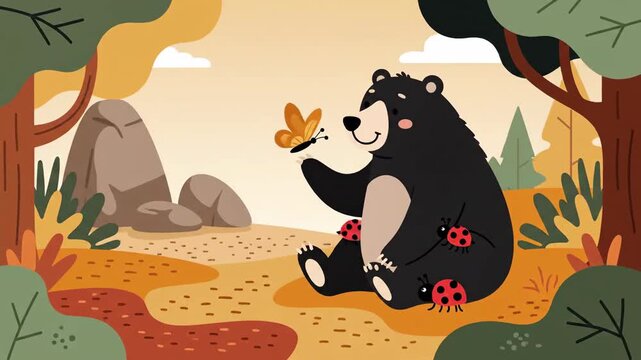 Delightful Forest Encounter Adorable Bear Interacting With Butterfly And Ladybugs In Animated Scene