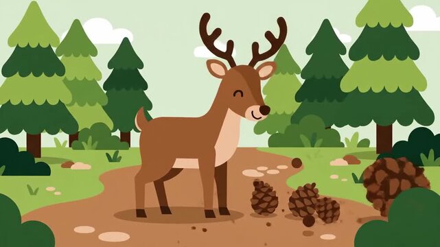 Delightful Forest Scene Animated With Deer and Pine Cones, Perfect For Children's Content