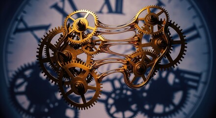 Golden clockwork gears floating against a blurred clock face.
A surreal 3D composition of interlocking gold gears and cogs suspended in front of a giant Roman numeral clock