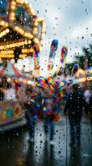 Vibrant handprint on rainy carnival glass with blurred lights