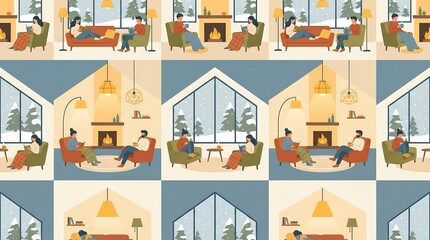 Repeating pattern of cozy winter indoor scenes, featuring couples relaxing by fireplaces, reading, and using laptops, with snowy landscapes visible through large windows.