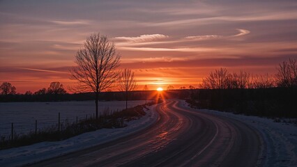 Sunset over a snowy landscape with a winding road, bare trees, and colorful sky.