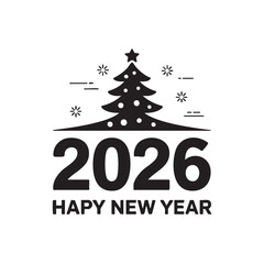 Black and white Christmas tree with 2026 and happy new year text
