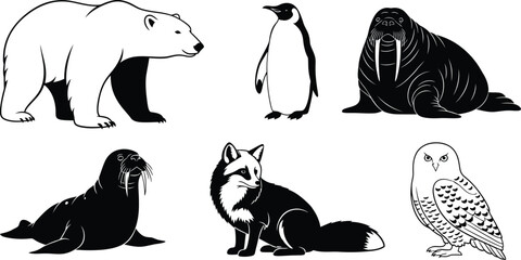 Silhouette vector set of 6 Arctic Animals polar bear penguin walrus seal arctic fox and snowy owl