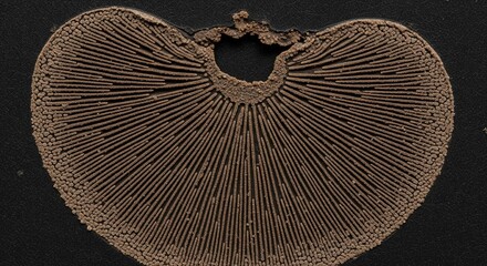 Macro texture of mushroom gills or spore print pattern.
A detailed symmetrical view of organic radial lines originating from a center point, resembling the underside of a mushroom cap or a scientific 