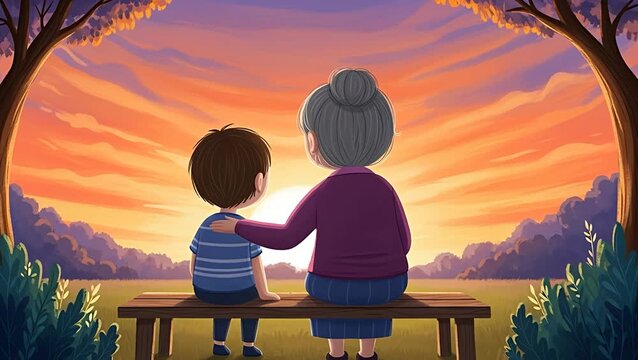Illustrated Grandson and Grandmother Sitting on Bench at Sunset