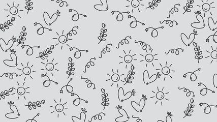 Suns, hearts, leaves, and swirls randomly scatter across the whimsical background. Perfect for naturethemed designs, cards, and decorations.