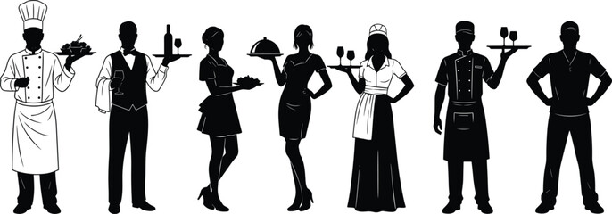 Silhouettes of hospitality staff in uniforms including chefs, waiters, waitresses and bartenders representing teamwork, restaurant service, food and beverage industry