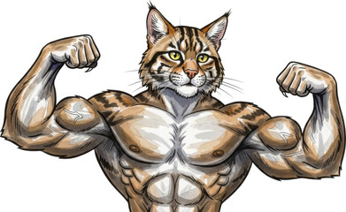 Muscular cat flexing its arms and showing strength isolated on transparent background