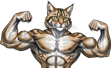Muscular cat flexing its arms and showing strength isolated on transparent background