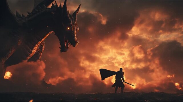 Colossal dragon towers over a lone armored warrior amid fiery skies smoke and sparks blaze above him