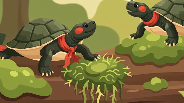 Delightful Turtle Journey In A Cartoon Forest With Bright Colors And Gentle Animation