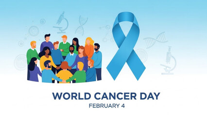 World cancer day illustration with diverse group of people and blue awareness ribbon on light blue