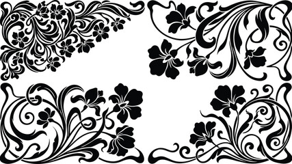 Floral corner ornament silhouettes, black vector decorative flower swirl frames set, elegant vintage botanical design elements