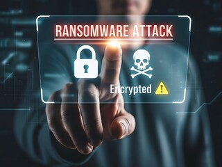 Finger pointing at a virtual screen displaying "Ransomware Attack" warning, lock, skull, and "Encrypted" icons, symbolizing cyber threat.