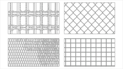 Set of four different black wire mesh fence icons.eps
