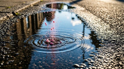 Water ripple in puddle with splashes creating colorful reflection on sunny day