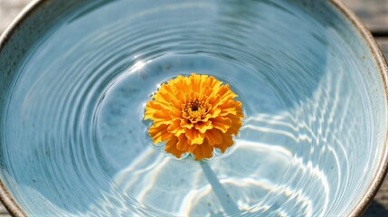 Vibrant orange marigold flower floating in sunlit water