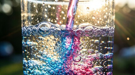 Colorful liquid with bubbles in transparent glass under sunlight