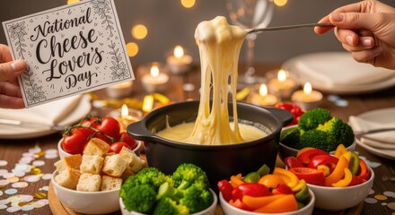 A cheese fondue pot with melted cheese, surrounded by fresh vegetables, bread, and a sign for National Cheese Lovers Day. Soft lighting creates a warm atmosphere.
